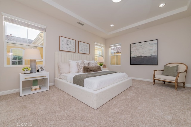 bedroom featuring carpet floors, multiple windows, baseboards, and a raised ceiling