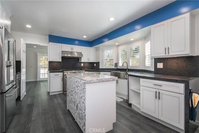 kitchen with under cabinet range hood, appliances with stainless steel finishes, a wealth of natural light, and a center island