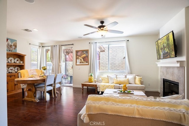 bedroom with access to outside, baseboards, visible vents, and dark wood-style flooring
