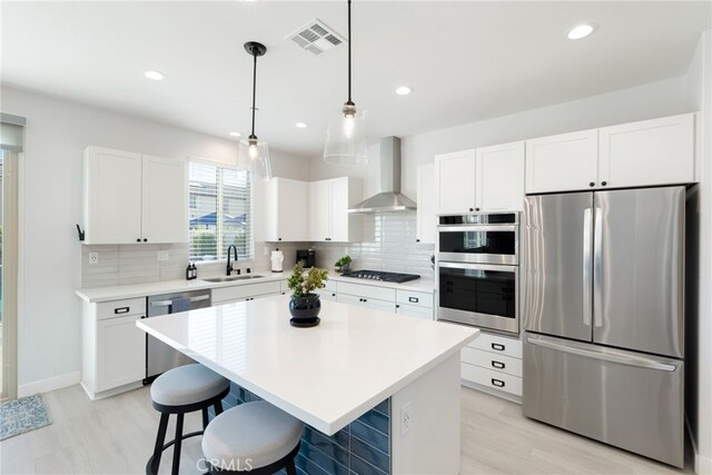 kitchen featuring visible vents, backsplash, appliances with stainless steel finishes, a sink, and wall chimney exhaust hood