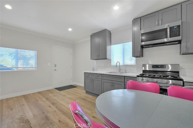 kitchen with light wood finished floors, gray cabinetry, appliances with stainless steel finishes, ornamental molding, and a sink