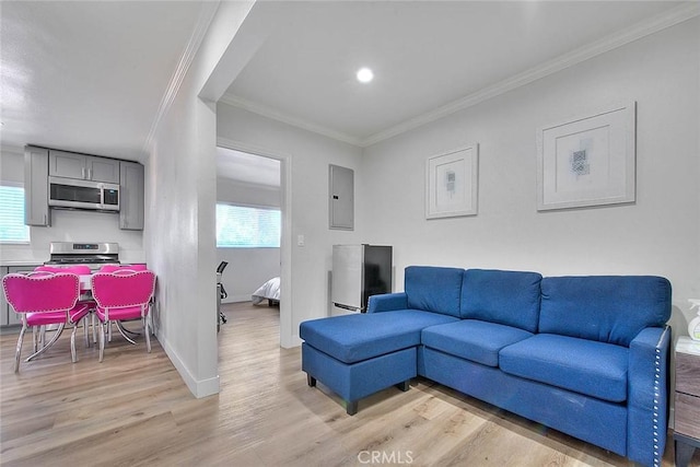 living room with plenty of natural light, ornamental molding, and light wood-type flooring