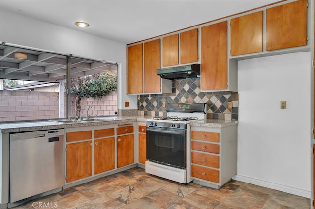 kitchen with tasteful backsplash, dishwasher, brown cabinets, white gas range, and under cabinet range hood