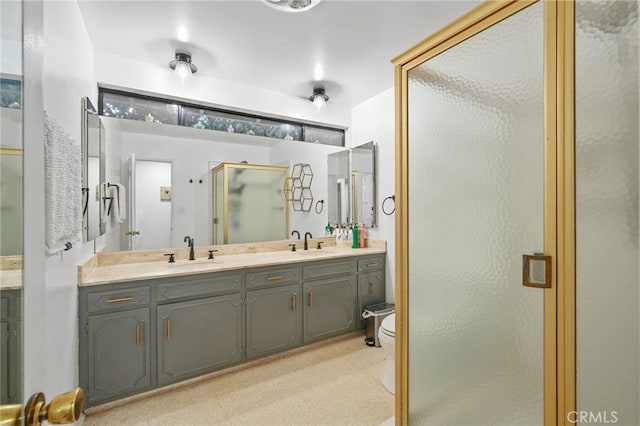 bathroom featuring double vanity, a stall shower, and a sink