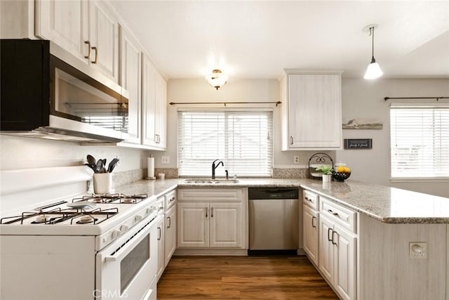 kitchen with appliances with stainless steel finishes, a healthy amount of sunlight, a sink, and a peninsula