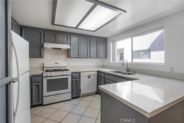 kitchen with under cabinet range hood, a sink, white appliances, a peninsula, and light tile patterned flooring