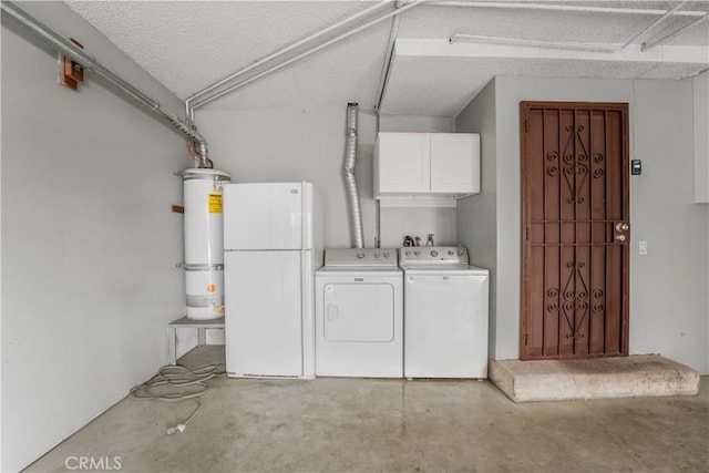 laundry area featuring cabinet space, washing machine and dryer, and secured water heater