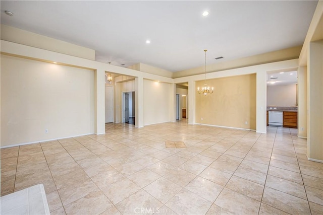 unfurnished room with light tile patterned floors, recessed lighting, visible vents, a chandelier, and baseboards