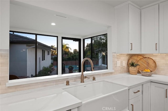 kitchen featuring a sink, tasteful backsplash, and white cabinets