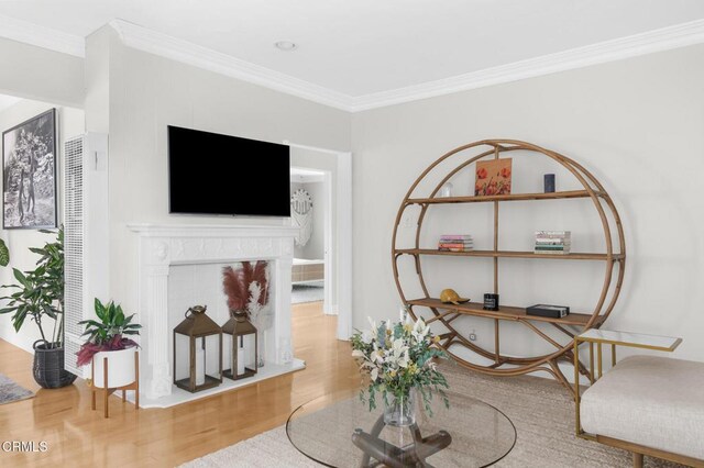 living area featuring a fireplace, crown molding, and wood finished floors