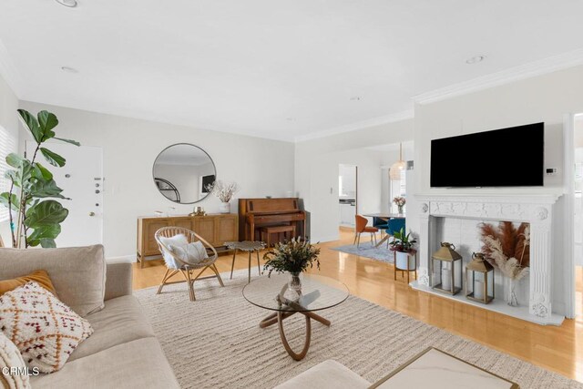 living area with ornamental molding, baseboards, and wood finished floors