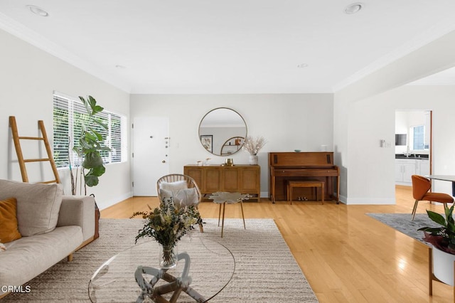 living area featuring light wood-style floors, ornamental molding, and baseboards