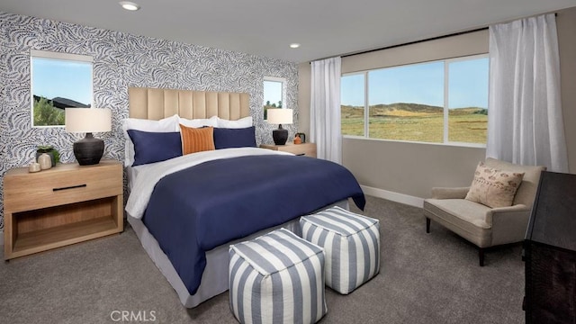 carpeted bedroom featuring recessed lighting, baseboards, and wallpapered walls