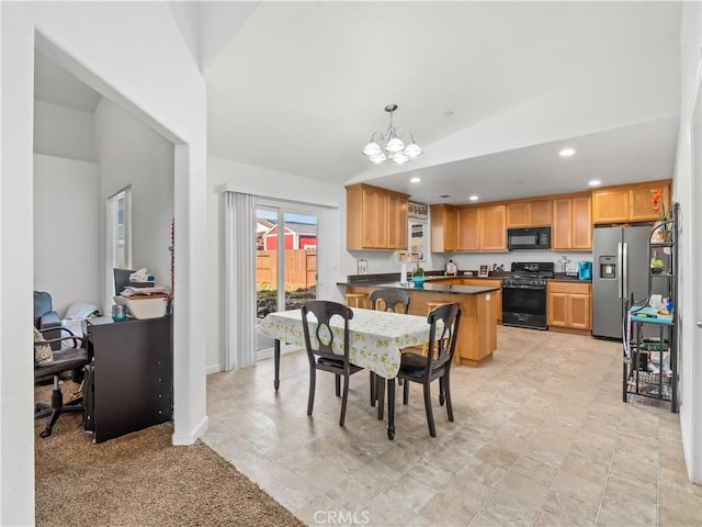 dining space with recessed lighting, vaulted ceiling, baseboards, and an inviting chandelier