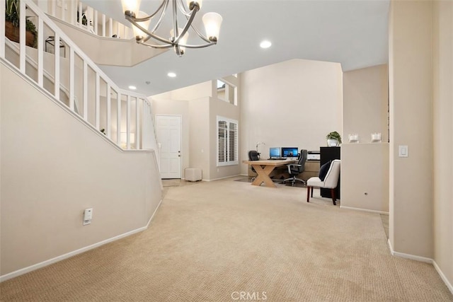 office with carpet floors, recessed lighting, an inviting chandelier, vaulted ceiling, and baseboards