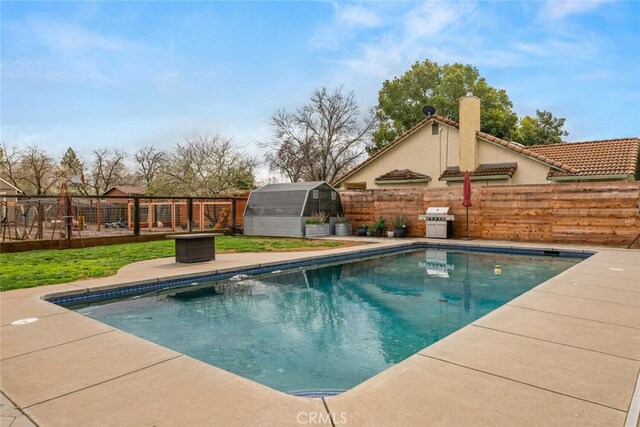 view of swimming pool with a storage unit, a fenced backyard, grilling area, an outdoor structure, and a fenced in pool