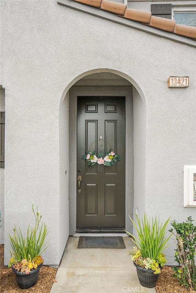 doorway to property with stucco siding