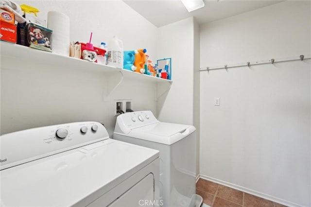 washroom featuring tile patterned floors, baseboards, laundry area, and washer and clothes dryer