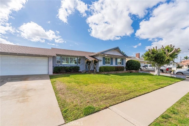 single story home featuring driveway, stucco siding, a garage, and a front yard