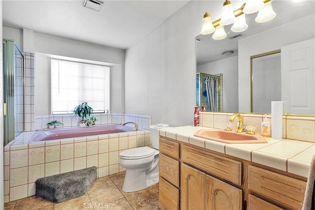 bathroom with toilet, visible vents, a bath, and vanity