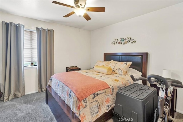 bedroom with carpet floors, ceiling fan, and baseboards