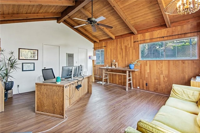 office featuring lofted ceiling with beams, wood ceiling, and wood finished floors