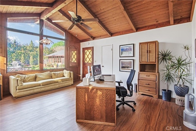 office space featuring vaulted ceiling with beams, wooden ceiling, ceiling fan, and wood finished floors