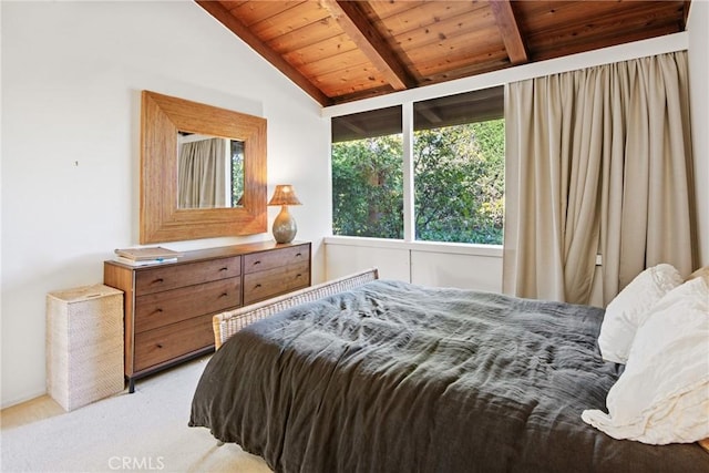 bedroom with wood ceiling, light carpet, and lofted ceiling with beams