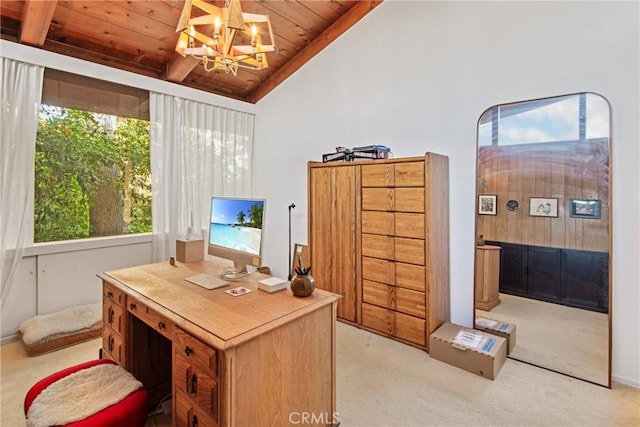 office area with light carpet, wooden ceiling, a chandelier, and vaulted ceiling