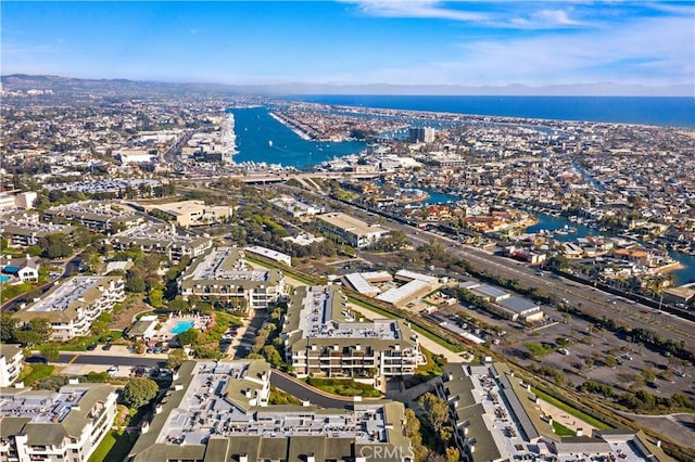 drone / aerial view featuring a water view