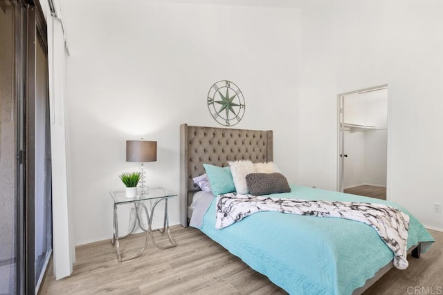 bedroom with a spacious closet, a closet, and wood finished floors