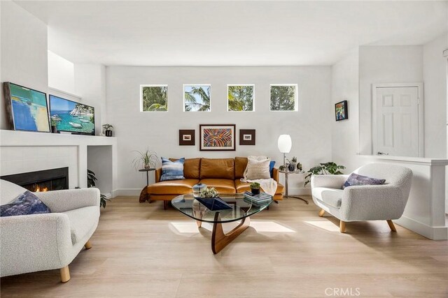 living area with a warm lit fireplace, light wood finished floors, and a healthy amount of sunlight