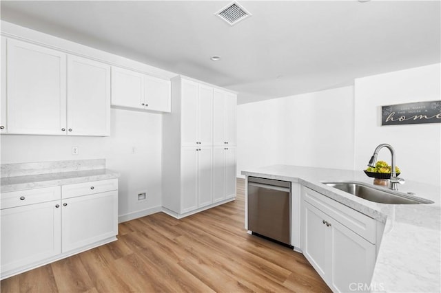 kitchen with a sink, visible vents, white cabinetry, light wood-type flooring, and dishwasher