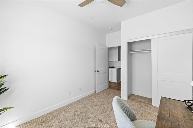 office featuring a ceiling fan, carpet flooring, and baseboards