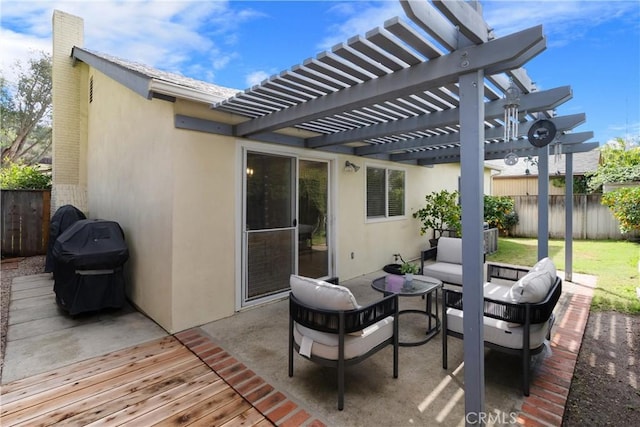 view of patio with a grill, fence, an outdoor living space, and a pergola