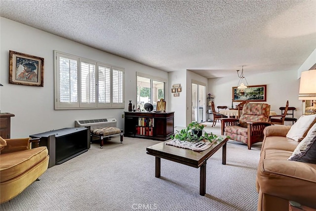 carpeted living room with a textured ceiling