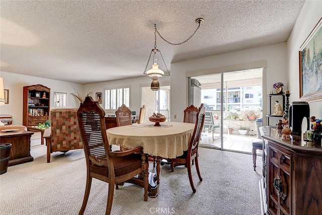 dining room with plenty of natural light, light colored carpet, and a textured ceiling