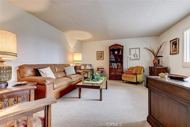 living area featuring light carpet and a textured ceiling