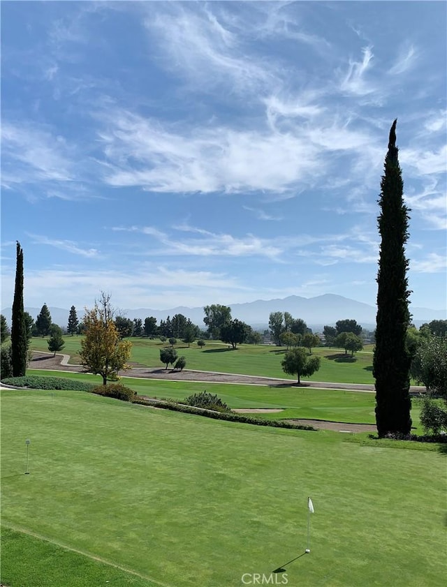 view of community with a lawn and a mountain view