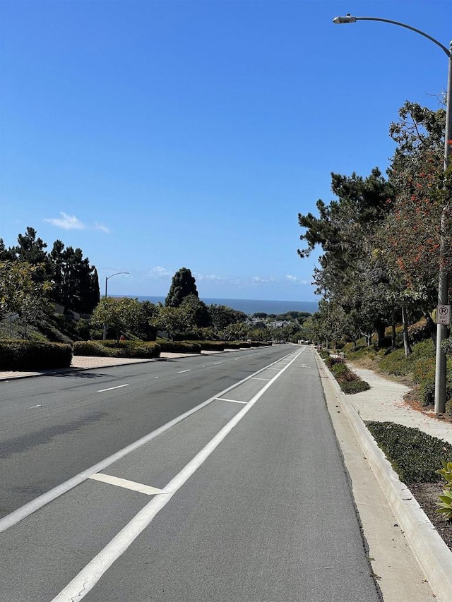 view of street with sidewalks, curbs, and street lights