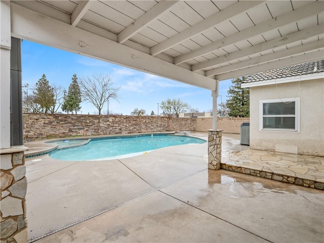 view of swimming pool with a fenced in pool, a patio area, a fenced backyard, and a diving board