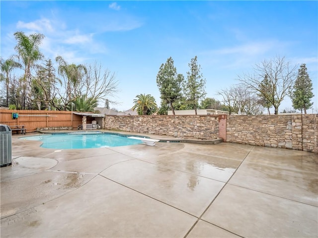 view of pool with a patio area, a fenced backyard, a diving board, and a fenced in pool