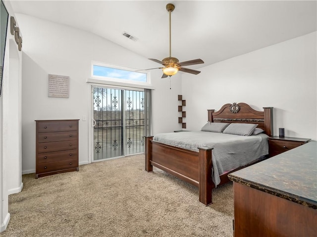 bedroom with visible vents, a ceiling fan, light colored carpet, access to exterior, and vaulted ceiling