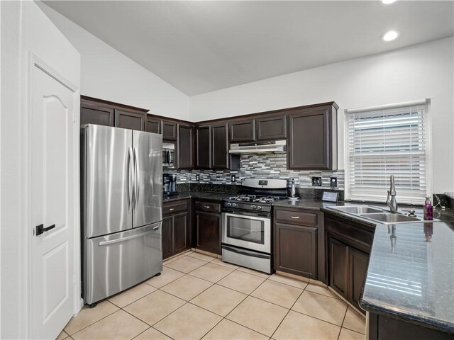 kitchen with stainless steel appliances, backsplash, light tile patterned flooring, a sink, and under cabinet range hood