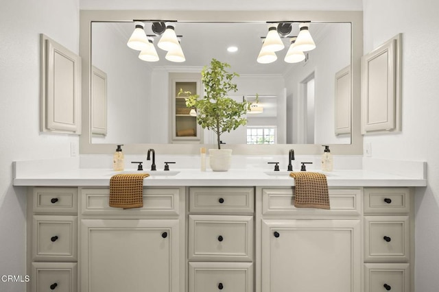 full bathroom with double vanity, a sink, and an inviting chandelier