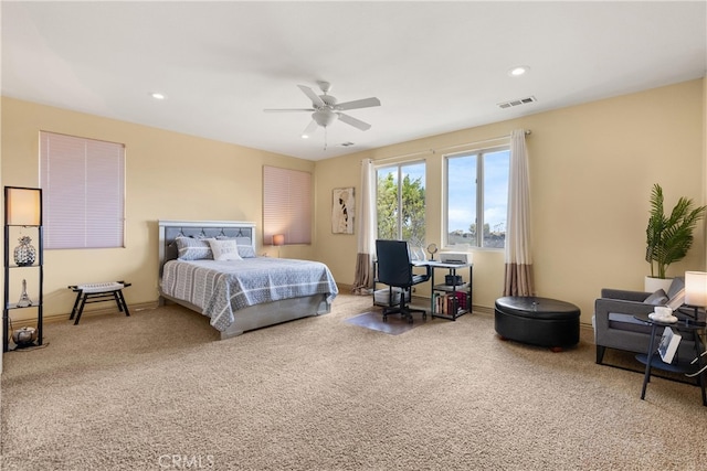 bedroom with ceiling fan, carpet floors, visible vents, and recessed lighting