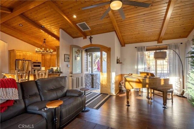 living area featuring lofted ceiling with beams, dark wood-style floors, plenty of natural light, and visible vents