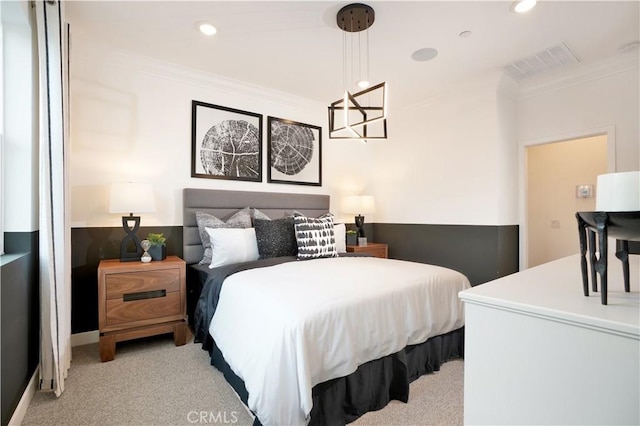 bedroom featuring ornamental molding, recessed lighting, light colored carpet, and visible vents