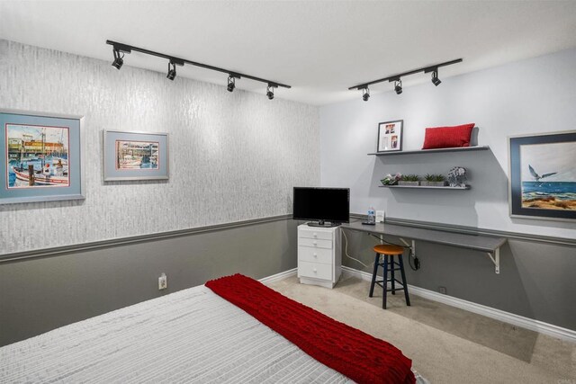 bedroom featuring carpet floors, rail lighting, and baseboards