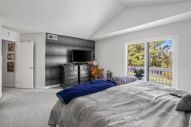 bedroom with lofted ceiling, visible vents, carpet flooring, access to outside, and baseboards